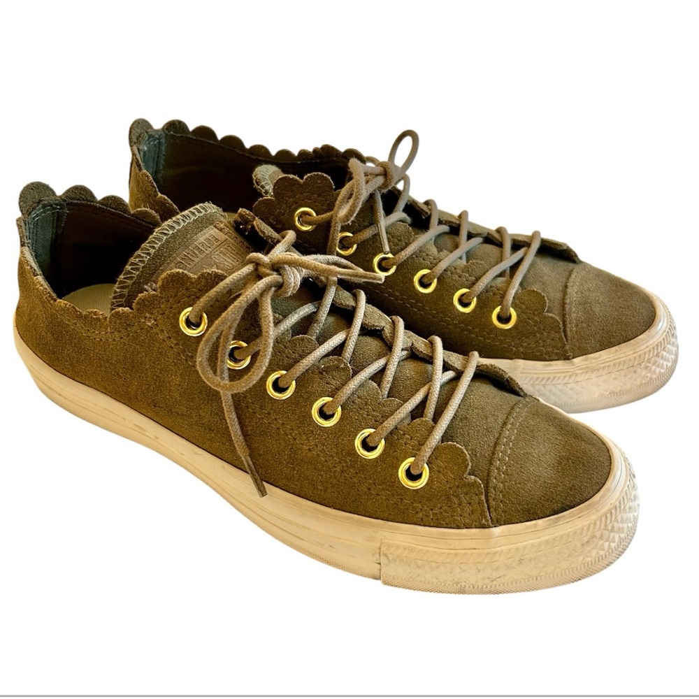Converse Olive Suede Scalloped Low Top Sneakers with Gold Eyelets